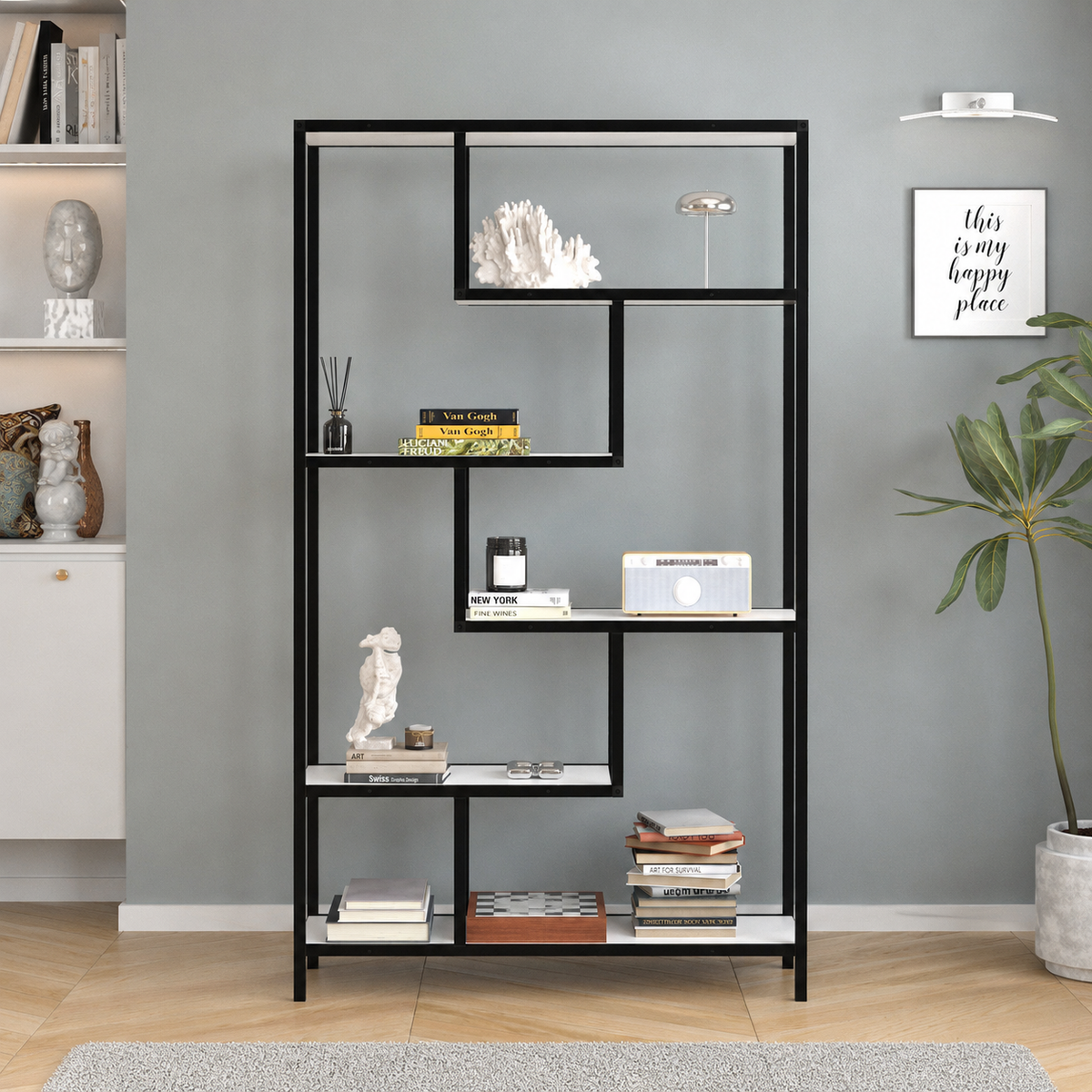 Biblioteca Moderna cu 6 Rafturi pentru Living si Birou, Cadru Metalic, PAL 18 mm, 88 x 30 x 160 cm