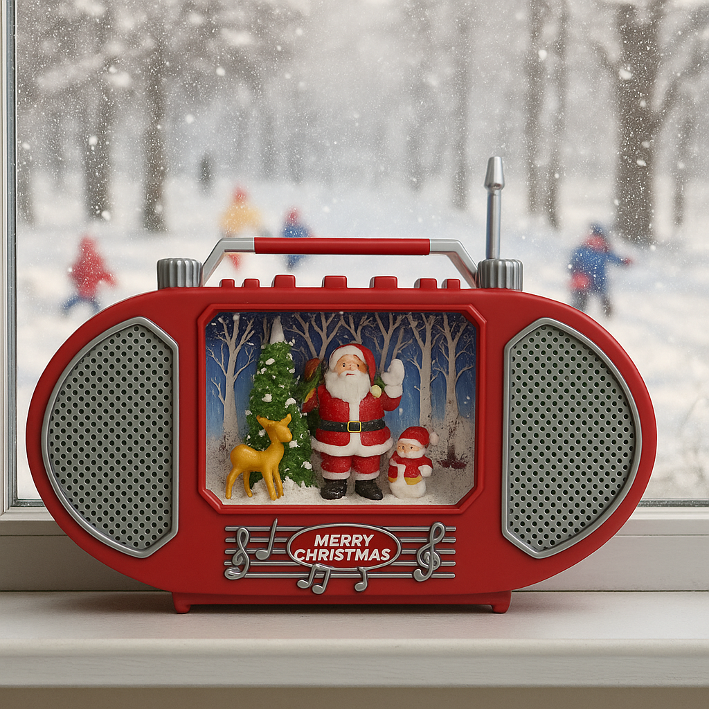 Radio decorativ de Craciun cu Mos Craciun – cu lumini, efect de ninsoare si design retro