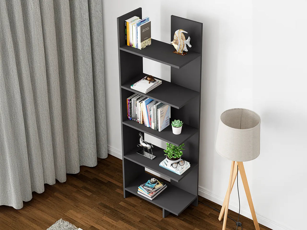 Raft Biblioteca Asimetric 5 Polite MDF Negru Decorativ Perete - detaliu produs
