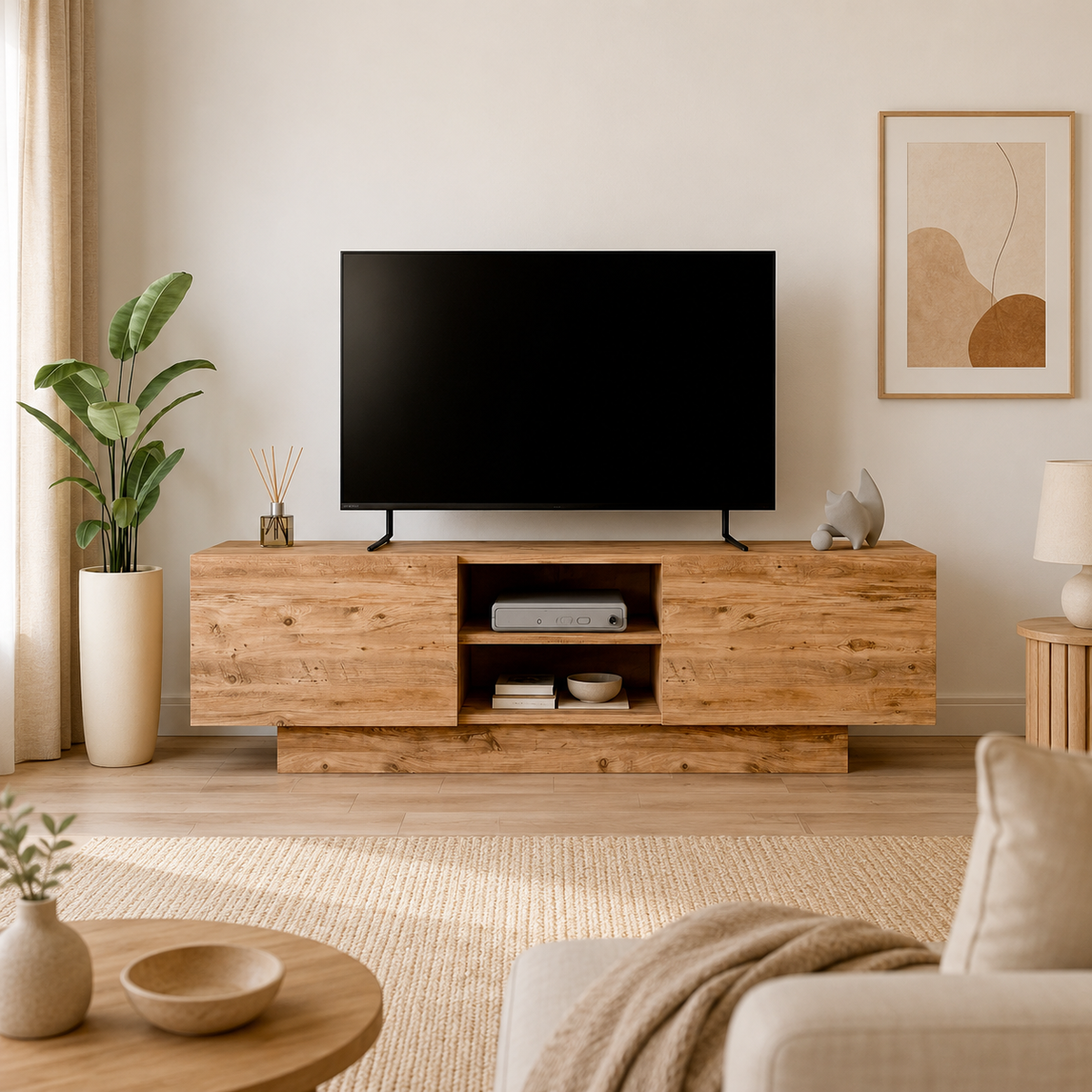 Comodă TV DORA cu uși și raft central, PAL 18 mm, 140 x 31 x 42 cm - detaliu produs