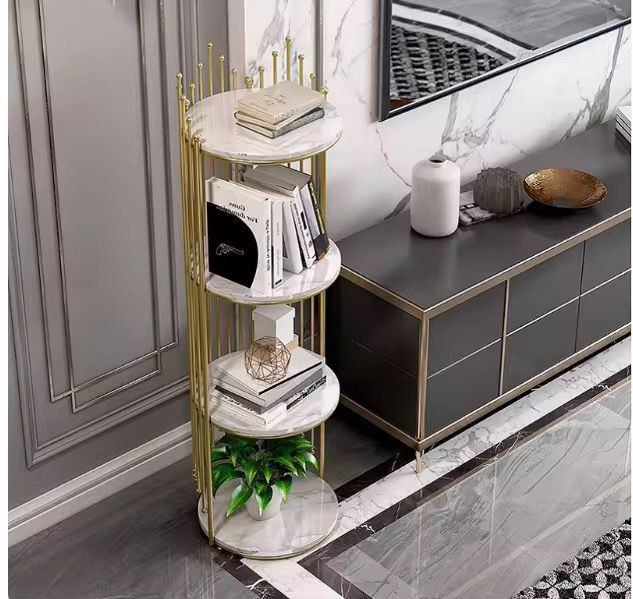 Etajera decorativa rotunda cu 4 niveluri, cadru auriu si polite albe, 32 x 32 x 95 cm - detaliu produs