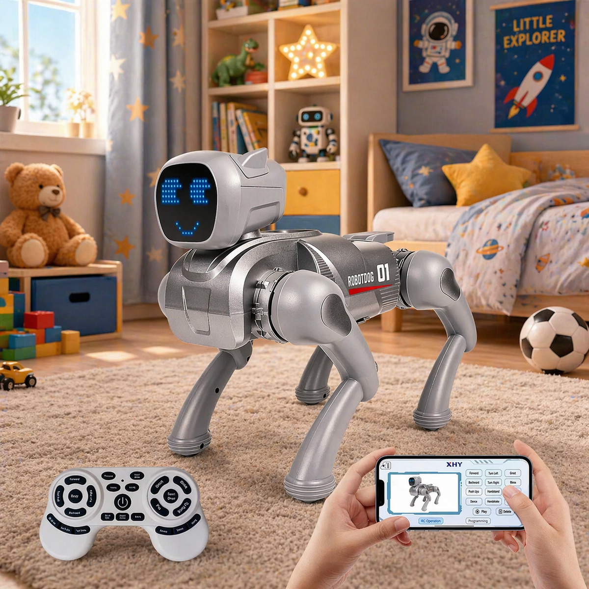 Catel robot inteligent, control telecomanda, aplicatie mobila, comenzi vocale, functii interactive, dans,