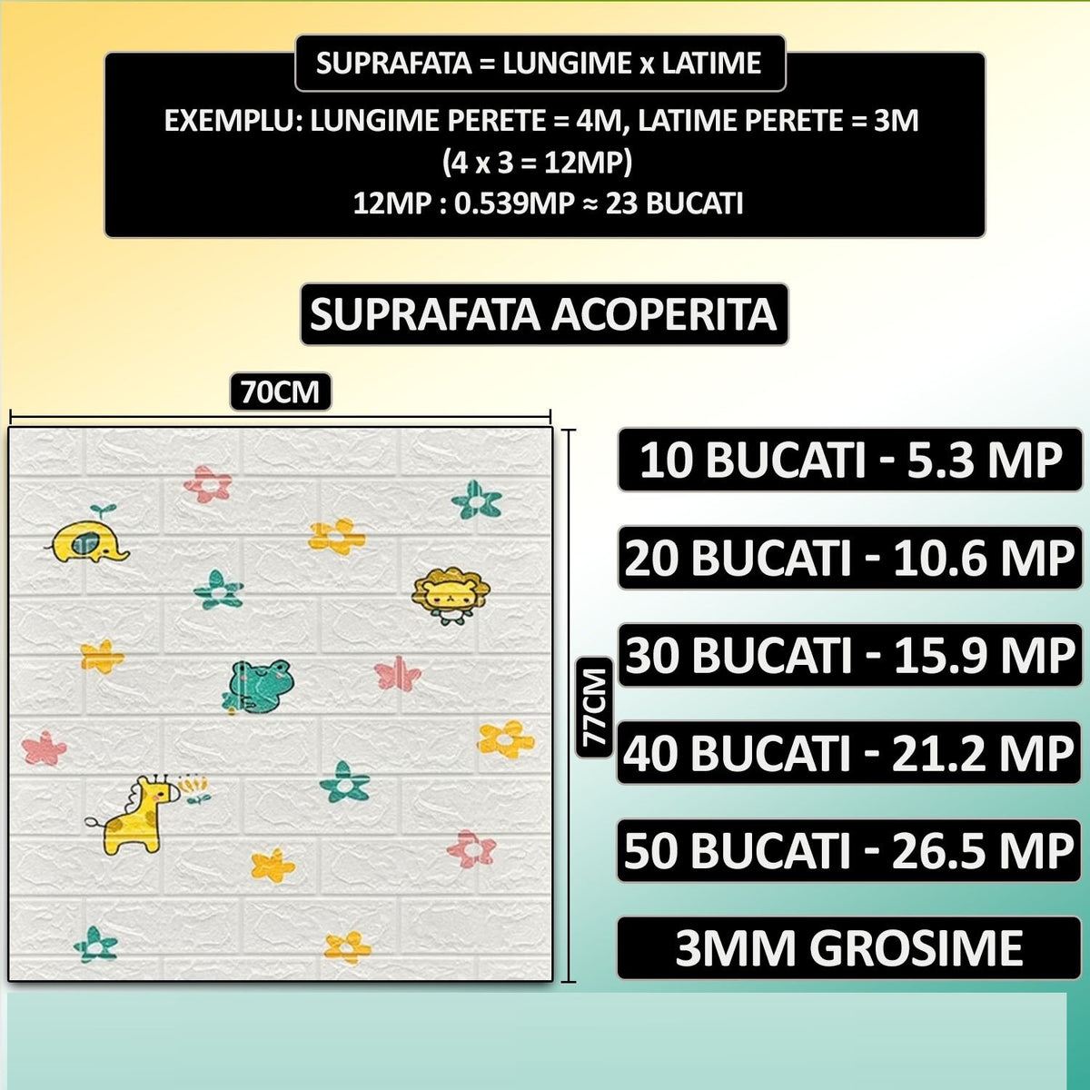 Tapet decorativ 3D autoadeziv pentru copii, model caramida cu animale si flori, 70 x 77 cm