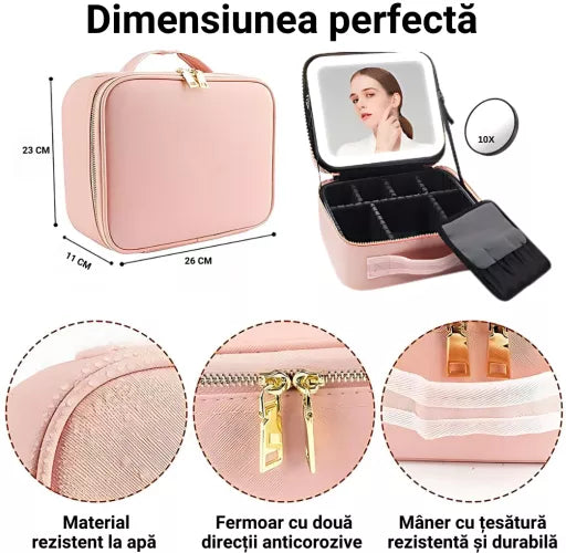 RESIGILAT - Geanta Cosmetica Pentru Make-up cu Oglinda LED  cu Touch, 26x23x11 cm