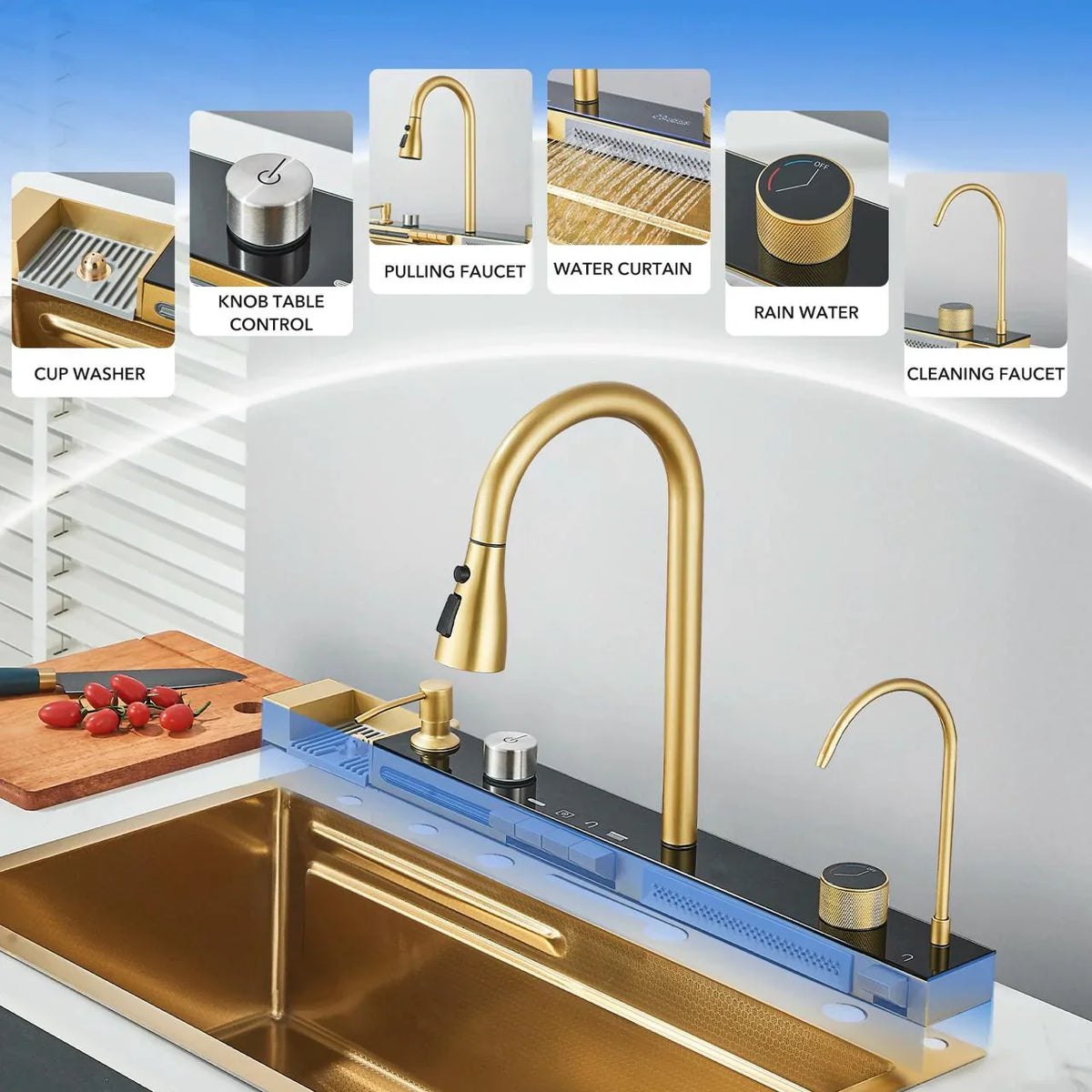RESIGILAT - Chiuveta multifunctionala cu 2 cascade cu accesorii incluse, afisaj digital a temperaturii si robinet cascada, culoare Gold, 750x460mm