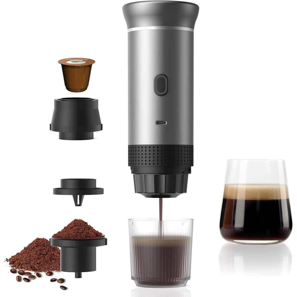 Espressor portabil 3 in 1, aparat cafea capsule si macinata, reincarcabil USB, 60ml,