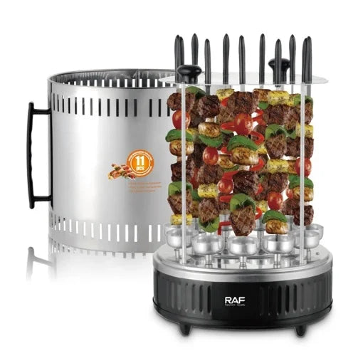 Gratar si rotisor electric multifunctional, RAF R8628, 1500 W, pentru 11 frigarui, din otel, negru-argintiu
