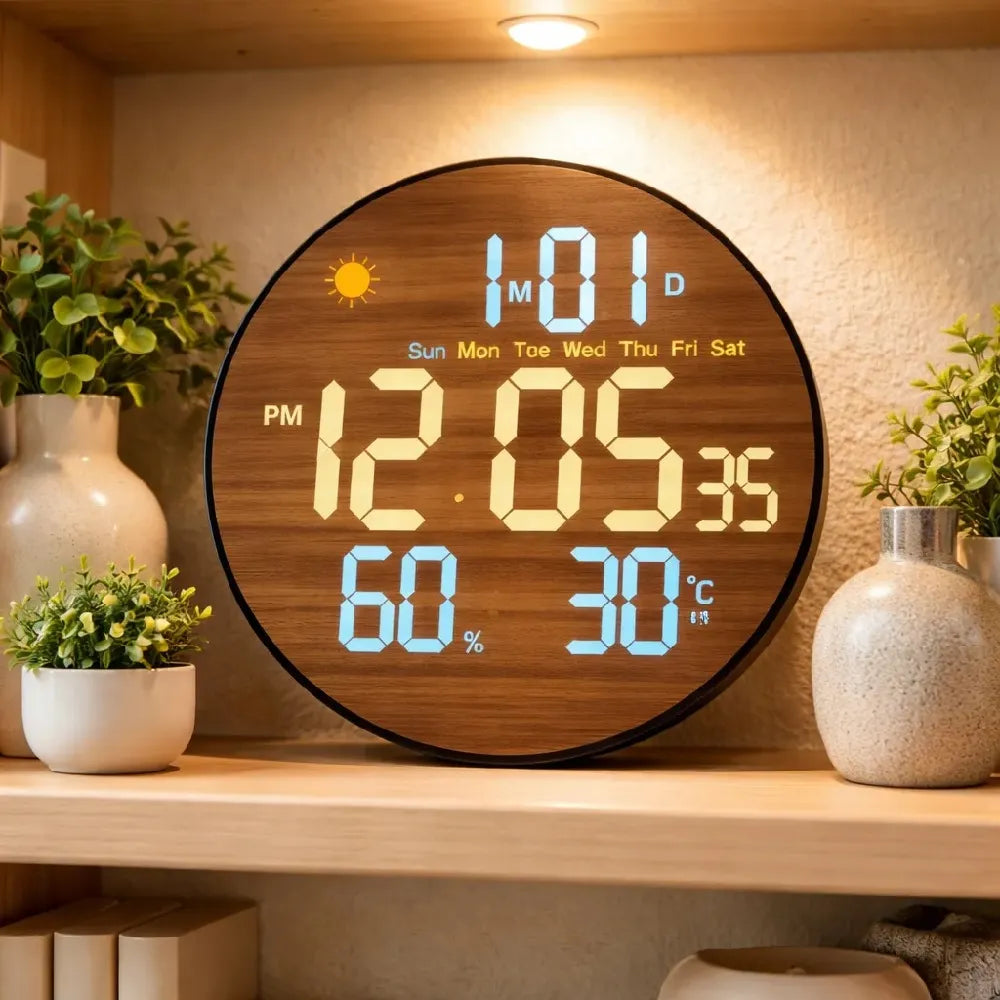 Ceas digital LED de perete, design lemn, 26 cm, cu telecomanda