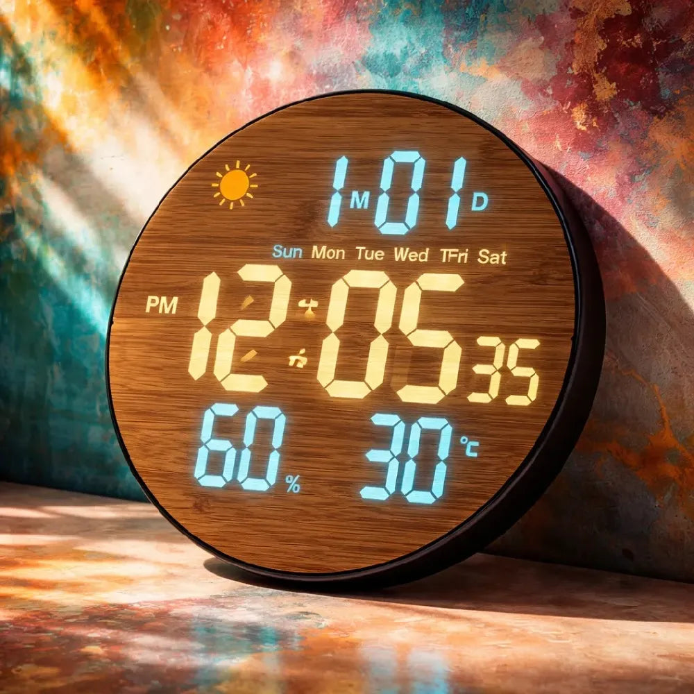 Ceas digital LED de perete, design lemn, 26 cm, cu telecomanda