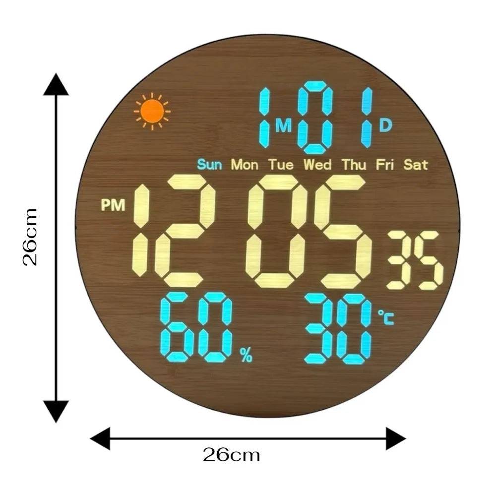 Ceas digital LED de perete, design lemn, 26 cm, cu telecomanda