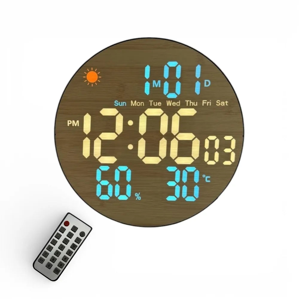 Ceas digital LED de perete, design lemn, 26 cm, cu telecomanda