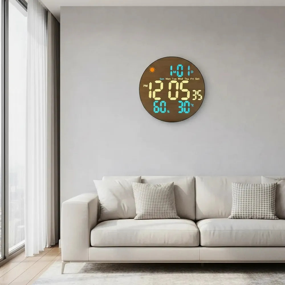 Ceas digital LED de perete, design lemn, 26 cm, cu telecomanda