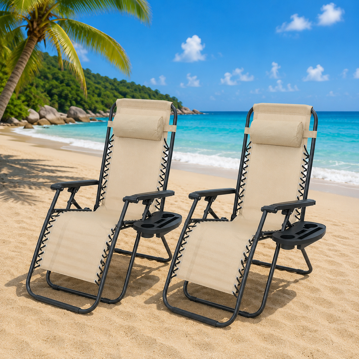 Set 2 sezlonguri Zero Gravity rabatabile 176x67x110 cm – plasa Teslin, perna si tava suport