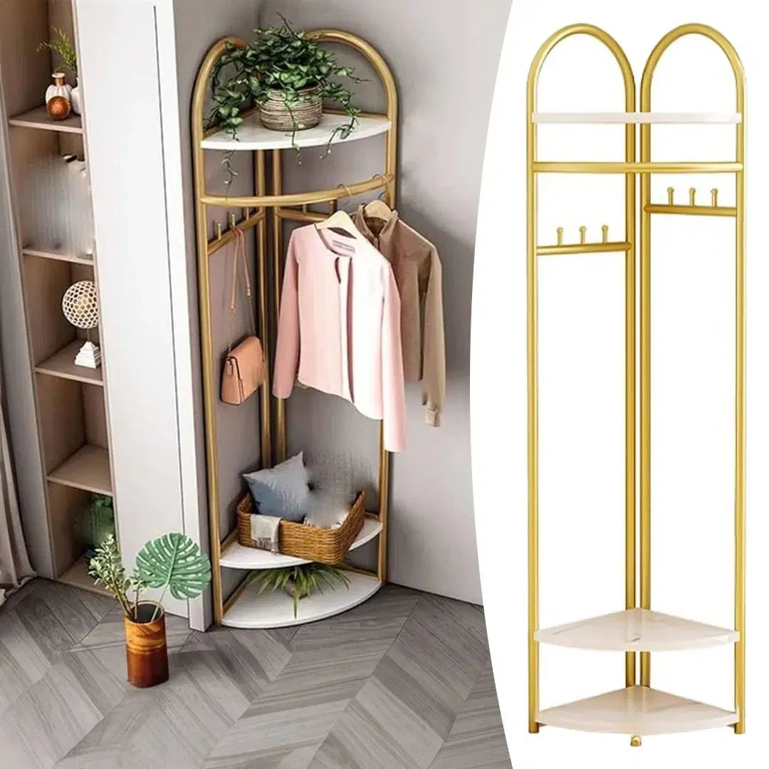 Cuier de colt, Metalic Auriu, cu Blaturi din MDF, 3 Rafturi, 6 Carlige, Inaltime 170 cm