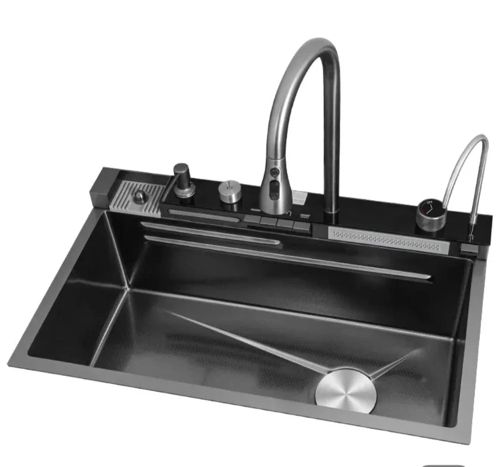 Chiuveta Bucatarie Multifunctionala Negru Grafit cu 2 Cascade, Robinet Cascada, Afisaj Digital Temperatura, Accesorii Incluse