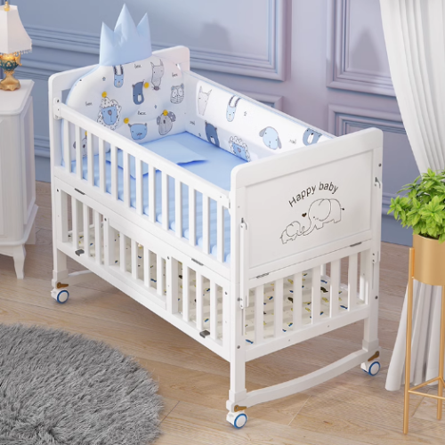 Pătuț bebe din lemn alb cu plasă de țânțari, saltea, pilotă și covoraș-pat nou-născuți multifuncțional, 118x68cm