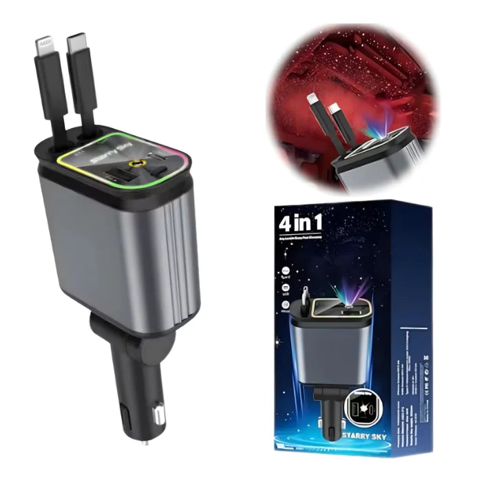 Incarcator Auto Retractabil 4-in-1 Fast Charge, 2 Cabluri Retractabile Lightning & Type-C, Iluminare RGB, Proiectie Stelara Laser