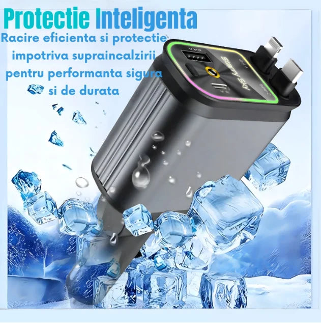 Incarcator Auto Retractabil 4-in-1 Fast Charge, 2 Cabluri Retractabile Lightning & Type-C, Iluminare RGB, Proiectie Stelara Laser