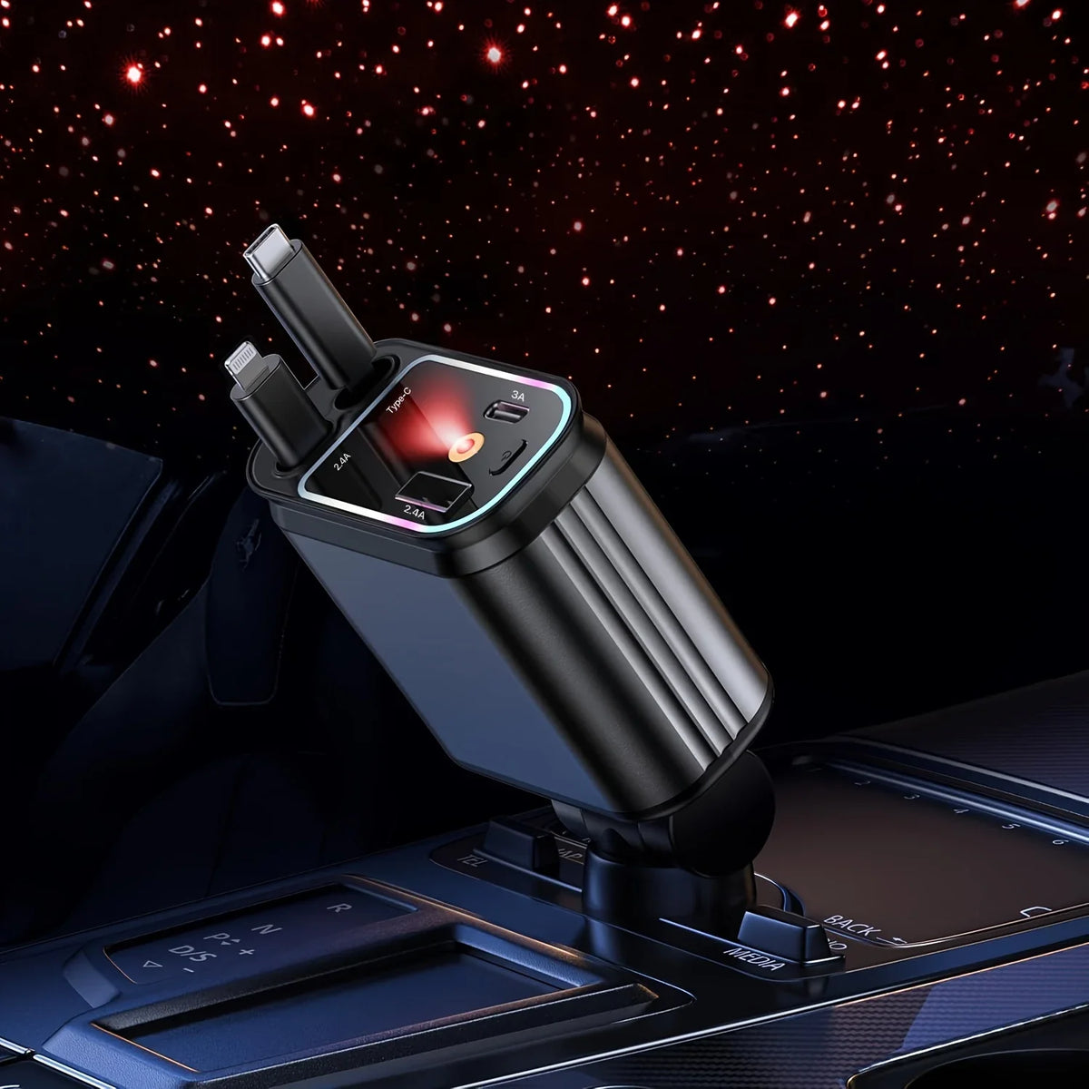 Incarcator Auto Retractabil 4-in-1 Fast Charge, 2 Cabluri Retractabile Lightning & Type-C, Iluminare RGB, Proiectie Stelara Laser
