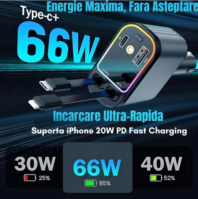 Incarcator Auto Retractabil 4-in-1 Fast Charge, 2 Cabluri Retractabile Lightning & Type-C, Iluminare RGB, Proiectie Stelara Laser