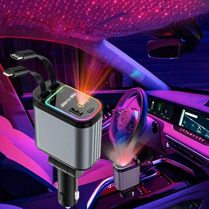 Incarcator Auto Retractabil 4-in-1 Fast Charge, 2 Cabluri Retractabile Lightning & Type-C, Iluminare RGB, Proiectie Stelara Laser