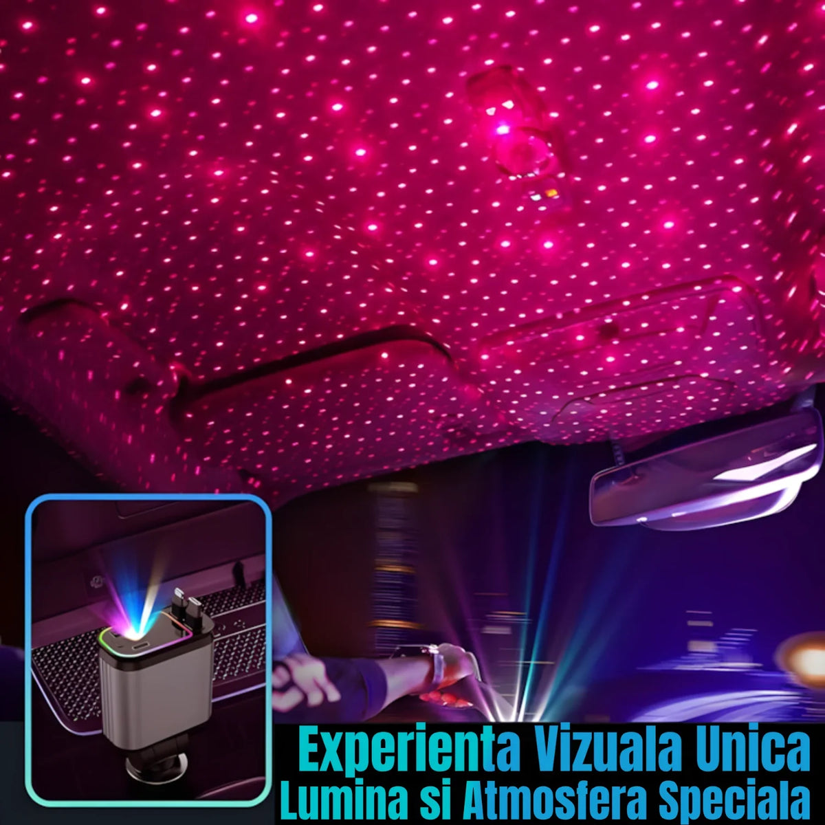 Incarcator Auto Retractabil 4-in-1 Fast Charge, 2 Cabluri Retractabile Lightning & Type-C, Iluminare RGB, Proiectie Stelara Laser