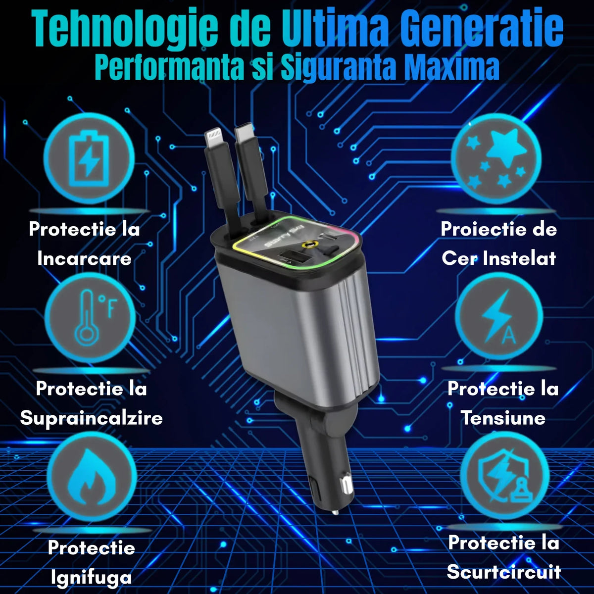 Incarcator Auto Retractabil 4-in-1 Fast Charge, 2 Cabluri Retractabile Lightning & Type-C, Iluminare RGB, Proiectie Stelara Laser