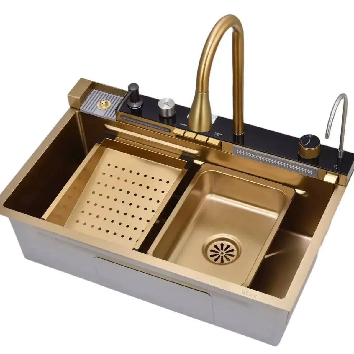 RESIGILAT - Chiuveta multifunctionala cu 2 cascade cu accesorii incluse, afisaj digital a temperaturii si robinet cascada, culoare Gold, 800x450mm