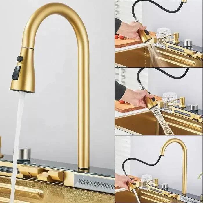 RESIGILAT - Chiuveta multifunctionala cu 2 cascade cu accesorii incluse, afisaj digital a temperaturii si robinet cascada, culoare Gold, 800x450mm