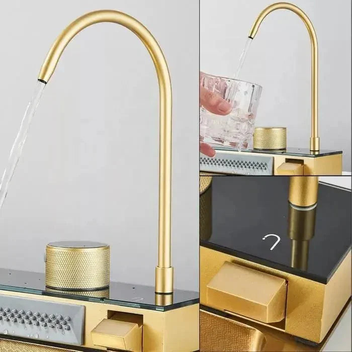RESIGILAT - Chiuveta multifunctionala cu 2 cascade cu accesorii incluse, afisaj digital a temperaturii si robinet cascada, culoare Gold, 750x460mm