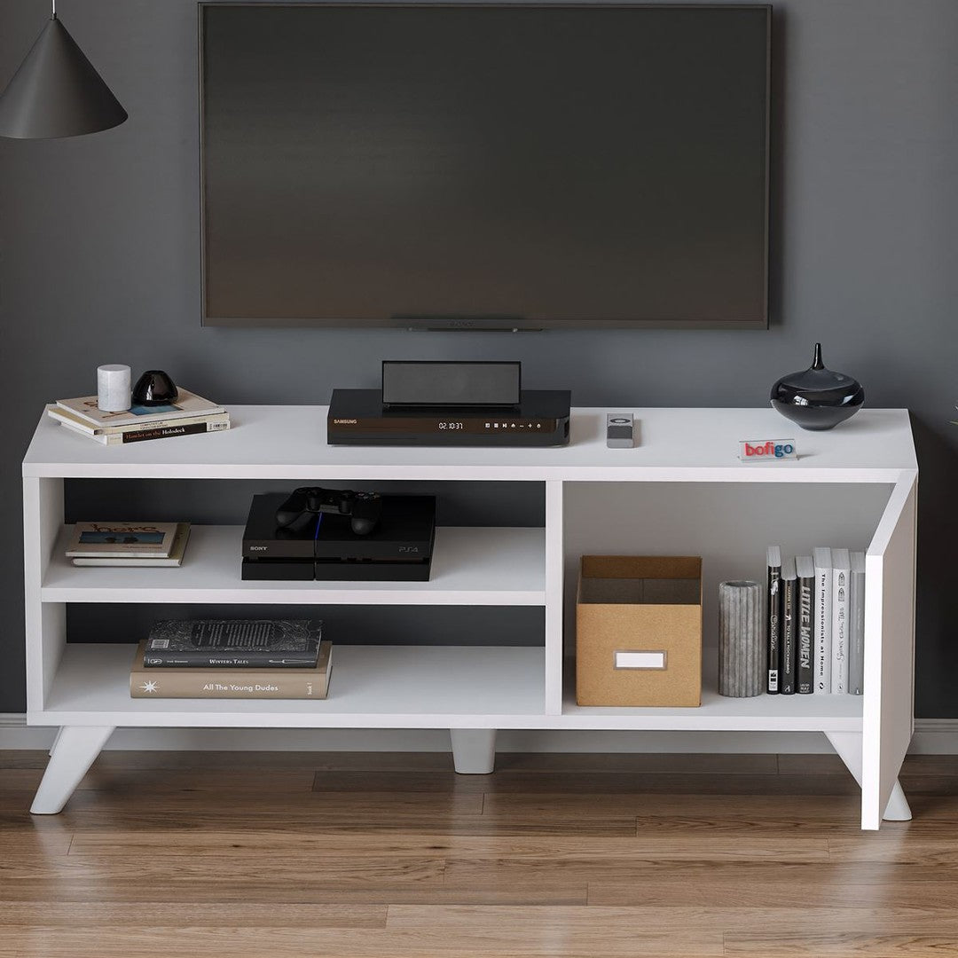 Comoda TV Bofigo Malta alba, vedere frontala cu accesorii