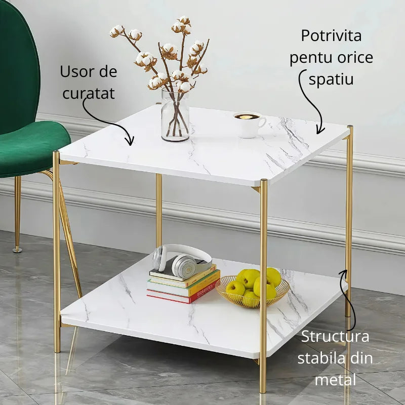 Masuta de cafea moderna cu blat tip marmura si cadru auriu, 2 nivele de depozitare 40x40x43 cm