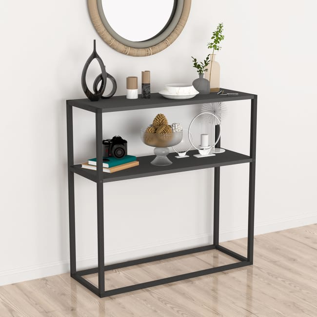 Masă consola decorativa cu 2 rafturi, 90x90x33,5 cm, efect stejar și cadru metalic