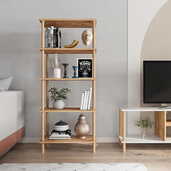 Raft decorativ cu 5 polite  din bambus, design modern, 29x60x137 cm