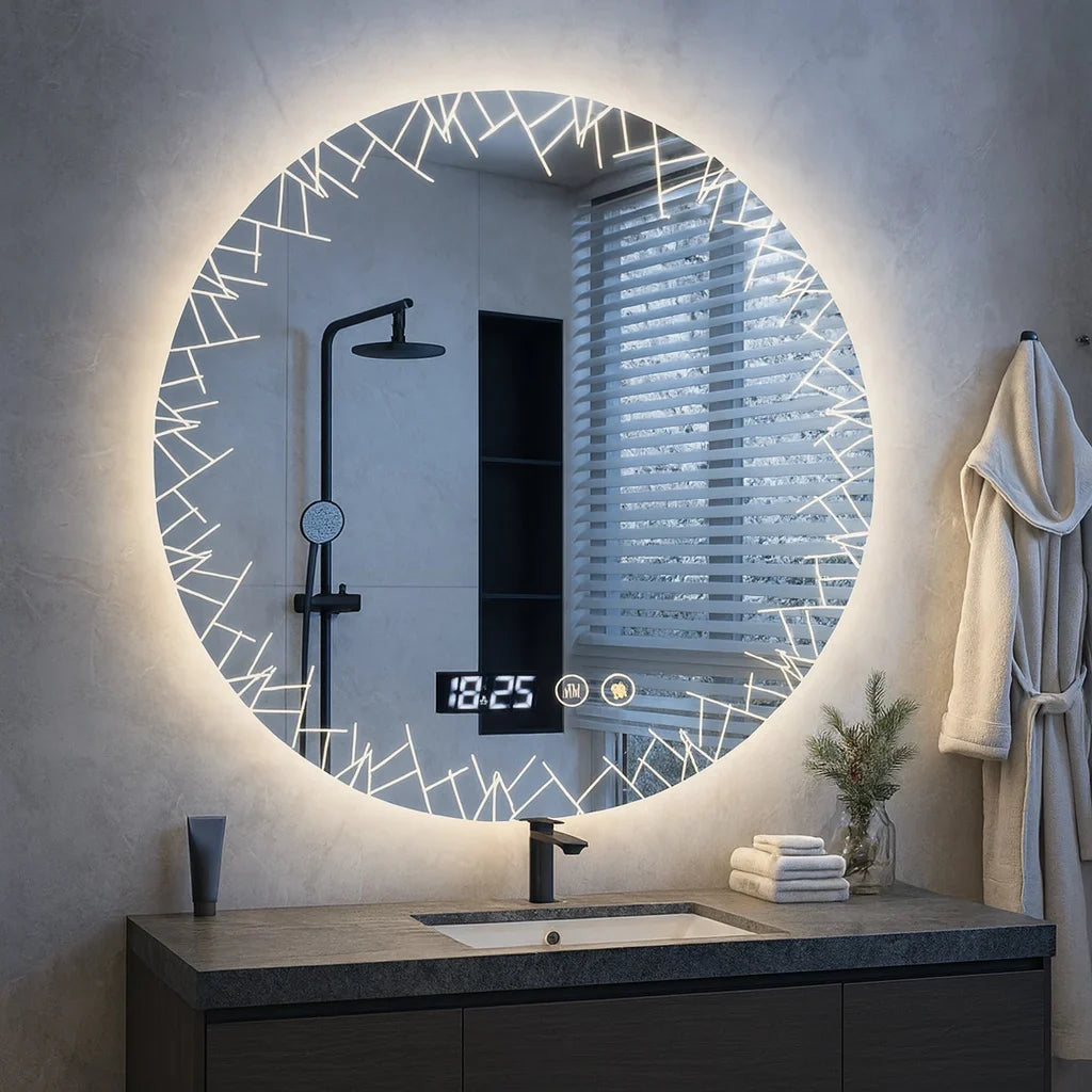Oglinda LED baie cu dezaburire, ceas si termometru, 60cm