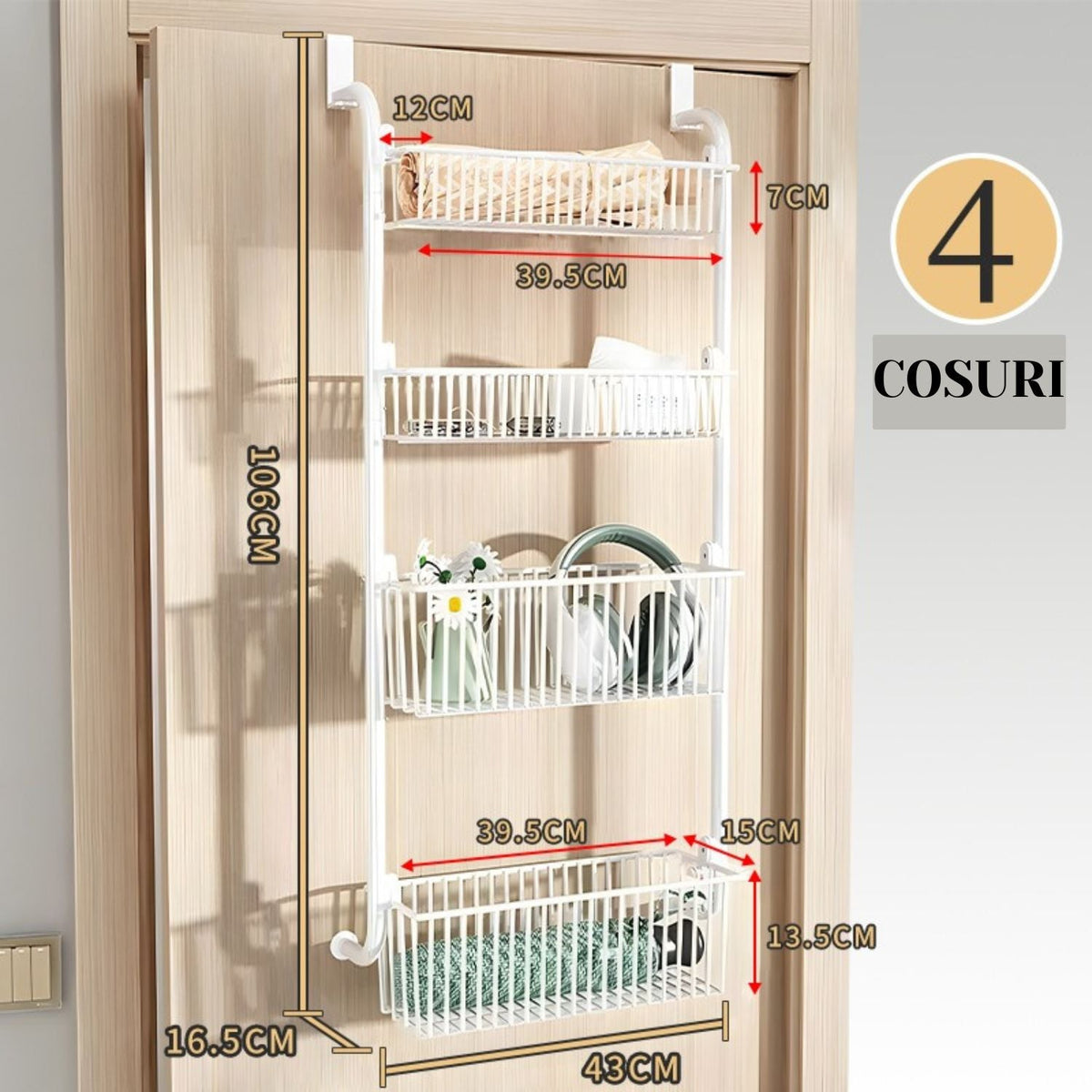 Organizator metalic cu 4 nivele pentru usa – suport depozitare 2 cosuri mari + 2 mici, culoare alb sau negru
