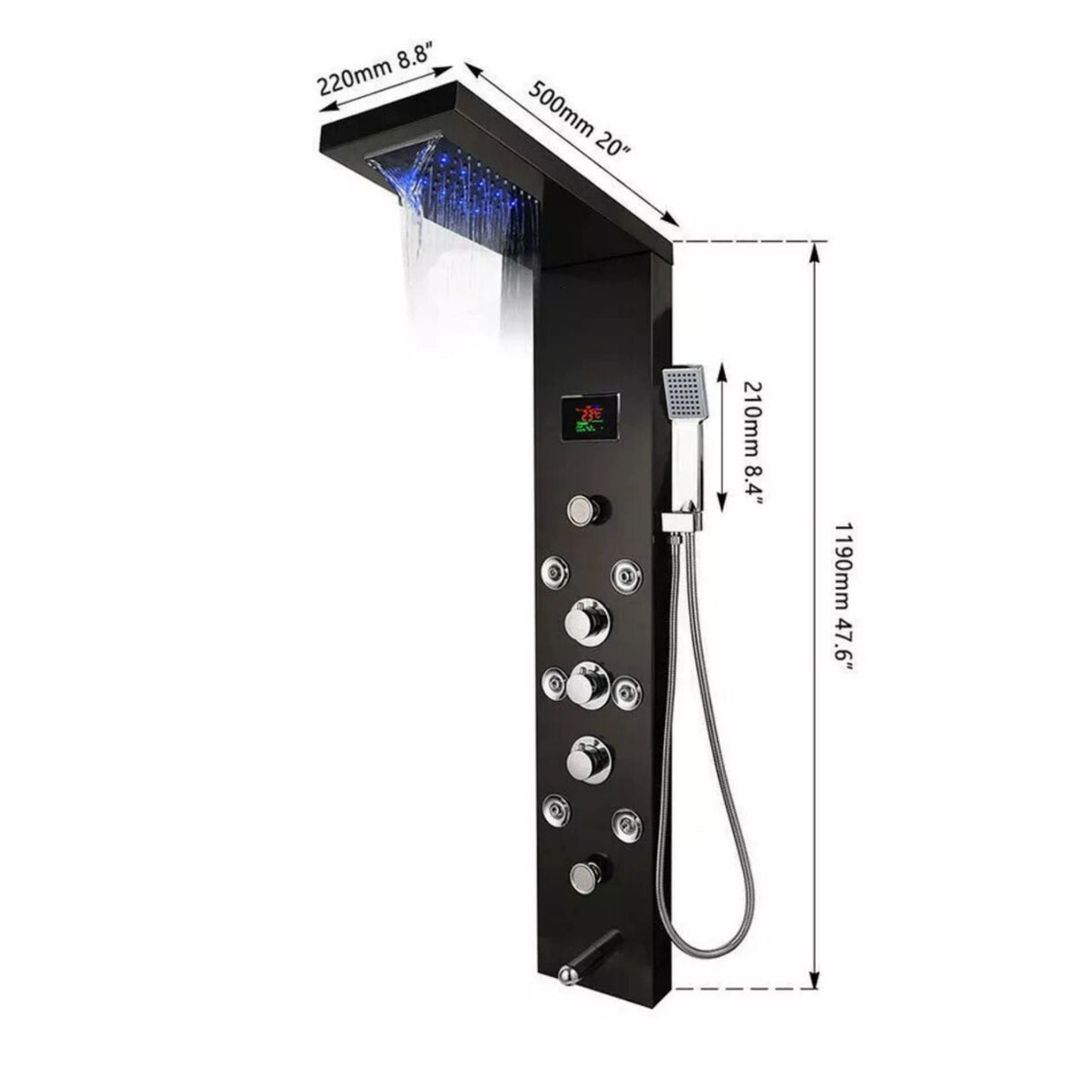 Panou dus modern din otel inoxidabil 304 cu functie cascada si jeturi multiple, montaj pe perete, culori negru, auriu si argintiu