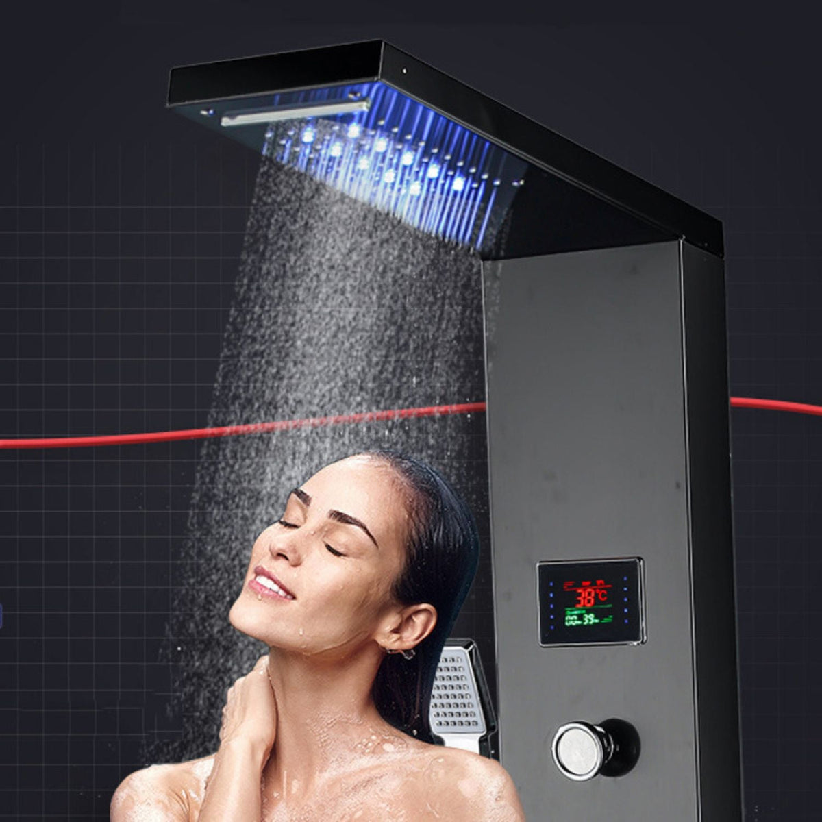 Panou dus modern din otel inoxidabil 304 cu functie cascada si jeturi multiple, montaj pe perete, culori negru, auriu si argintiu