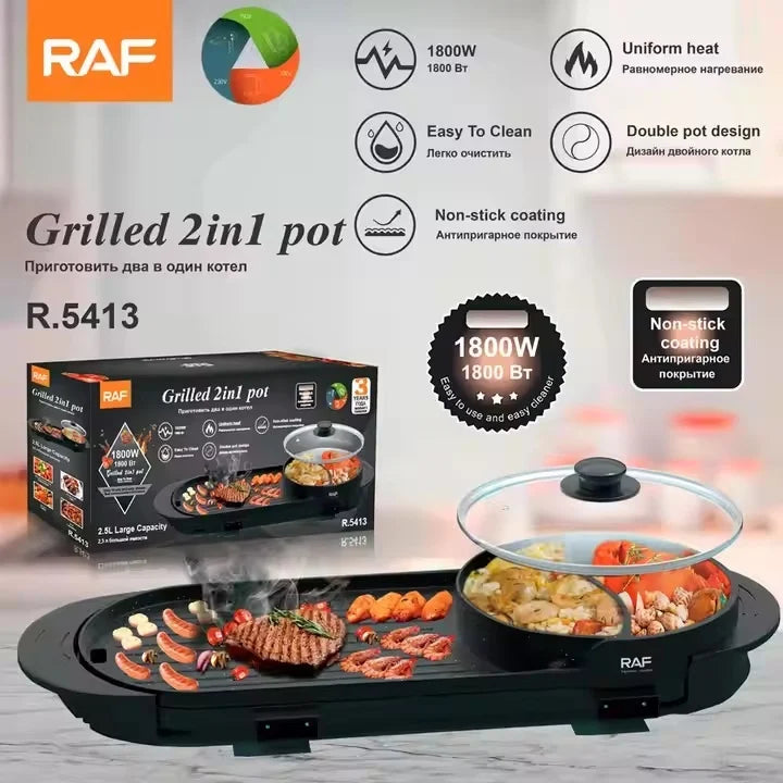 Plita electrica, RAF R5413, 1800 W, 2.5 L capacitate, cu capac, 160℃-220℃, 70x25x10 cm, negru