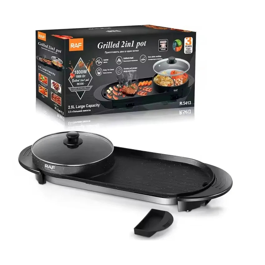 Plita electrica, RAF R5413, 1800 W, 2.5 L capacitate, cu capac, 160℃-220℃, 70x25x10 cm, negru