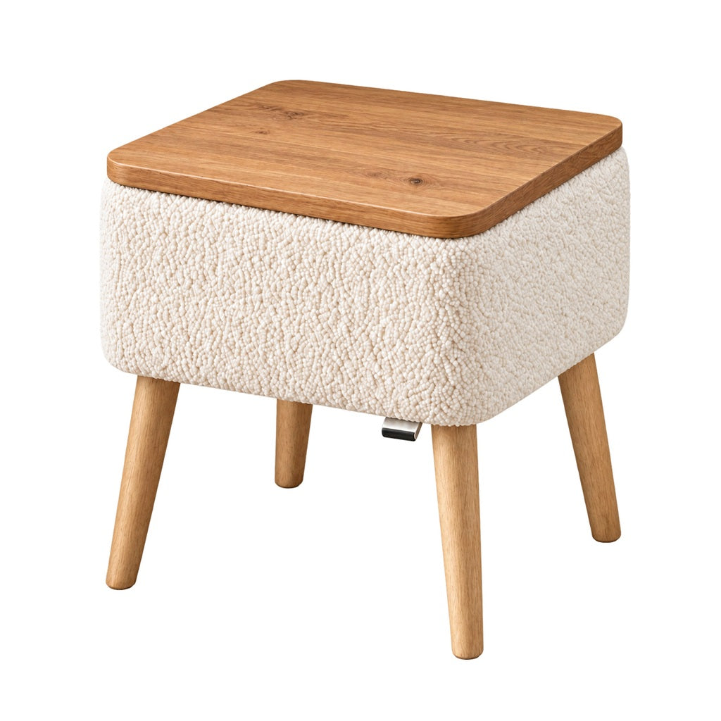 Noptiera cu Depozitare Boucle Alb 45x35x45cm Blat aspect Lemn Natural Picioare Lemn, colectie Teddy