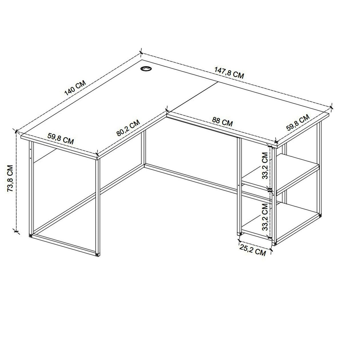 Birou de colt in forma L 140x147,8x73,8 cm, cu rafturi integrate si cadru metalic, pentru home office sau birou