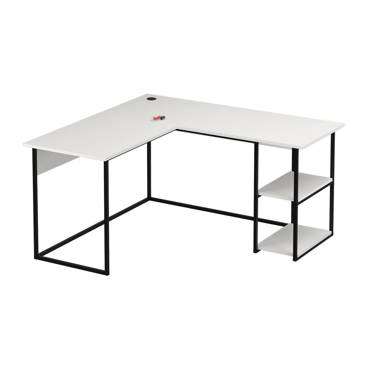 Birou de colt in forma L 140x147,8x73,8 cm, cu rafturi integrate si cadru metalic, pentru home office sau birou