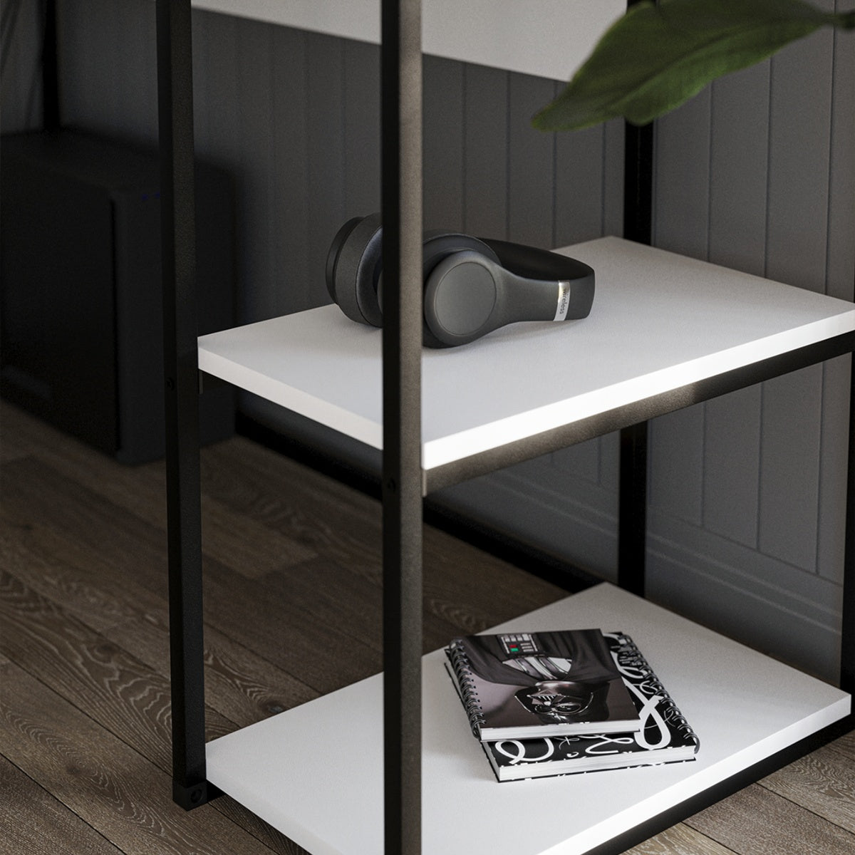 Birou de colt in forma L 140x147,8x73,8 cm, cu rafturi integrate si cadru metalic, pentru home office sau birou