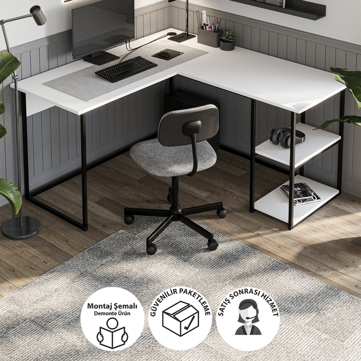 Birou de colt in forma L 140x147,8x73,8 cm, cu rafturi integrate si cadru metalic, pentru home office sau birou