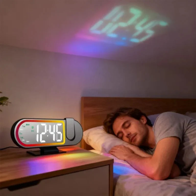 Ceas digital cu proiectie, design minimalist si futurist, afisaj LED, temperatura, calendar si lumina ambientala – 23 × 9.5 cm