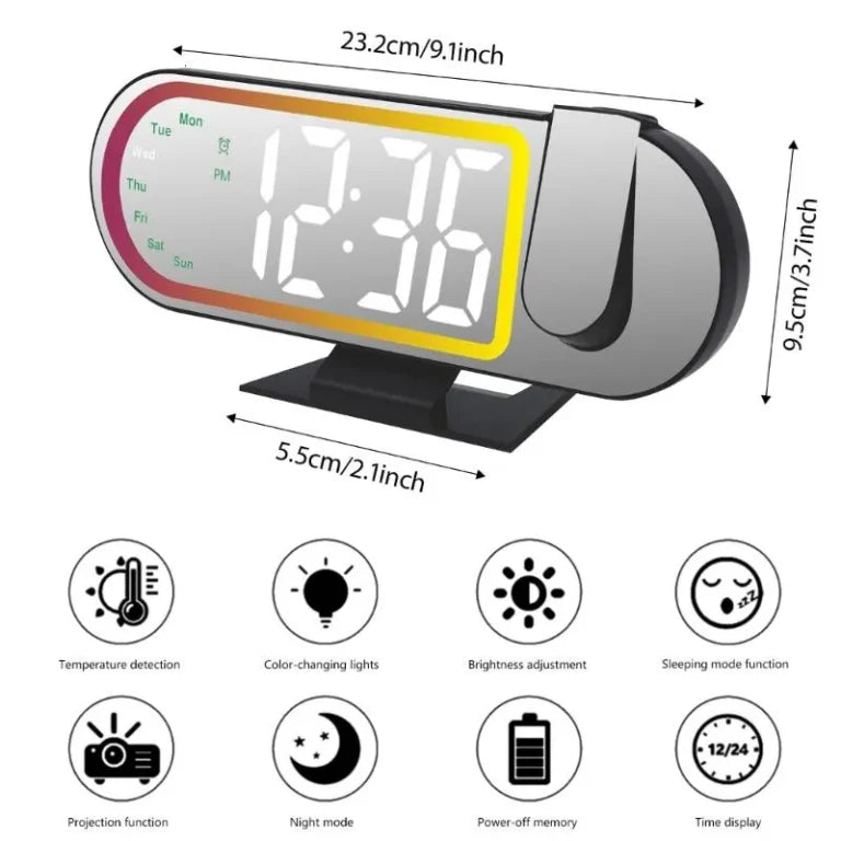 Ceas digital cu proiectie, design minimalist si futurist, afisaj LED, temperatura, calendar si lumina ambientala – 23 × 9.5 cm