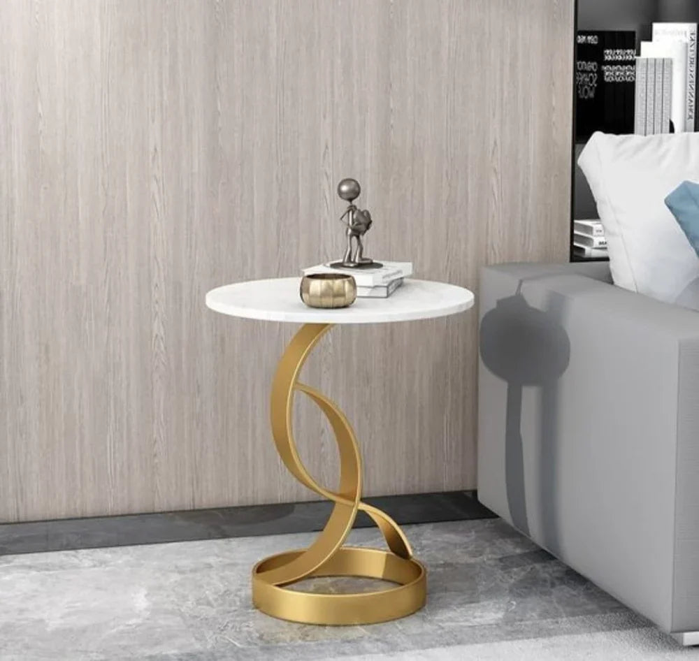 Masuta laterala moderna cu blat tip marmura si cadru metalic, design nordic slim, 50 x 33 x 55 cm