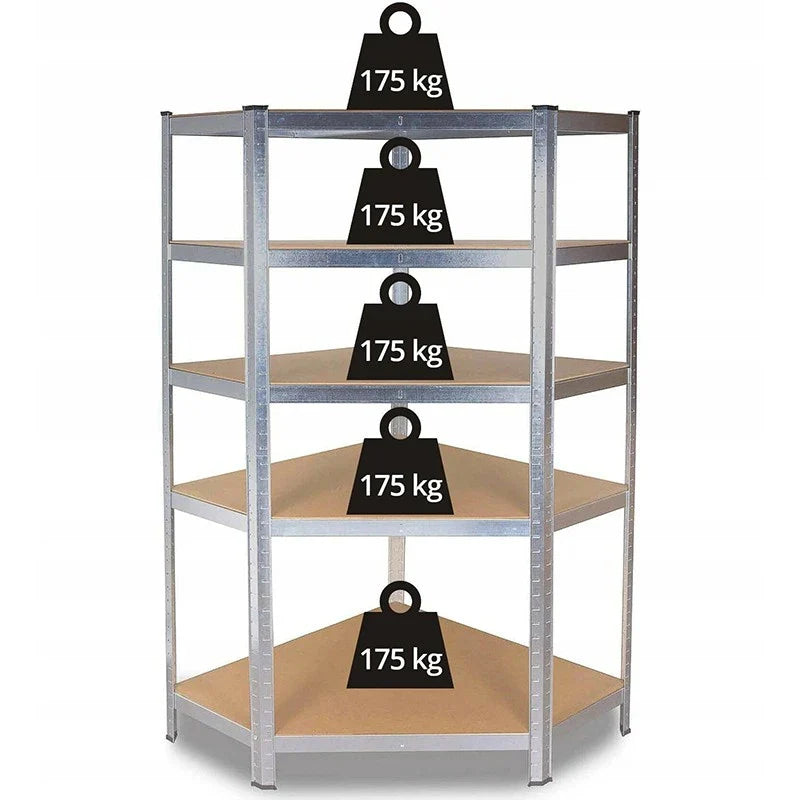 Raft metalic de colt, cu 5 polite, cadru otel galvanizat, polita MDF, 175 Kg/polita, 180x90x40 cm