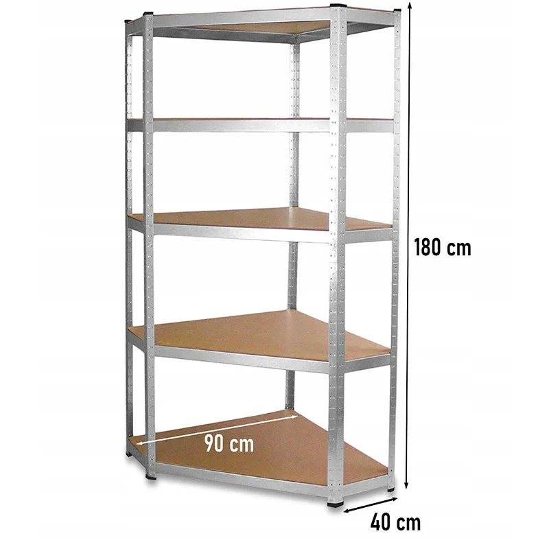 Raft metalic de colt, cu 5 polite, cadru otel galvanizat, polita MDF, 175 Kg/polita, 180x90x40 cm